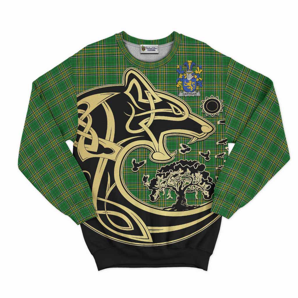 Tartan Vibes Clothing Hartigan Irish Tartan Sweatshirt with Coat of Arms Celtic Wolf Style