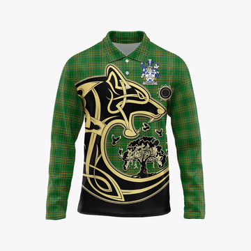 Hassett Irish Tartan Long Sleeve Polo Shirt with Coat of Arms Celtic Wolf Style