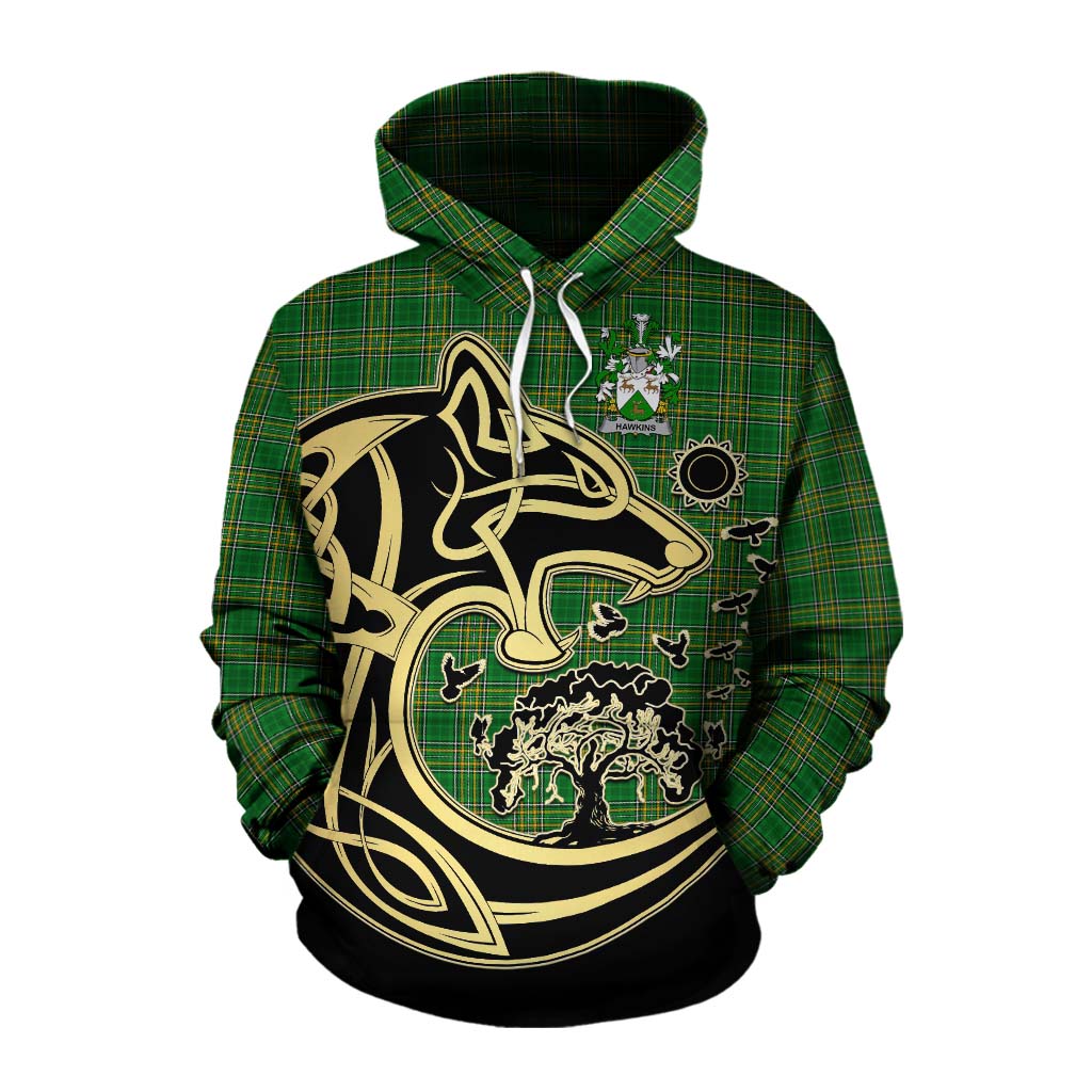 Hawkins Irish Tartan Cotton Hoodie with Coat of Arms Celtic Wolf Style Pullover Hoodie XS - Tartan Vibes Clothing
