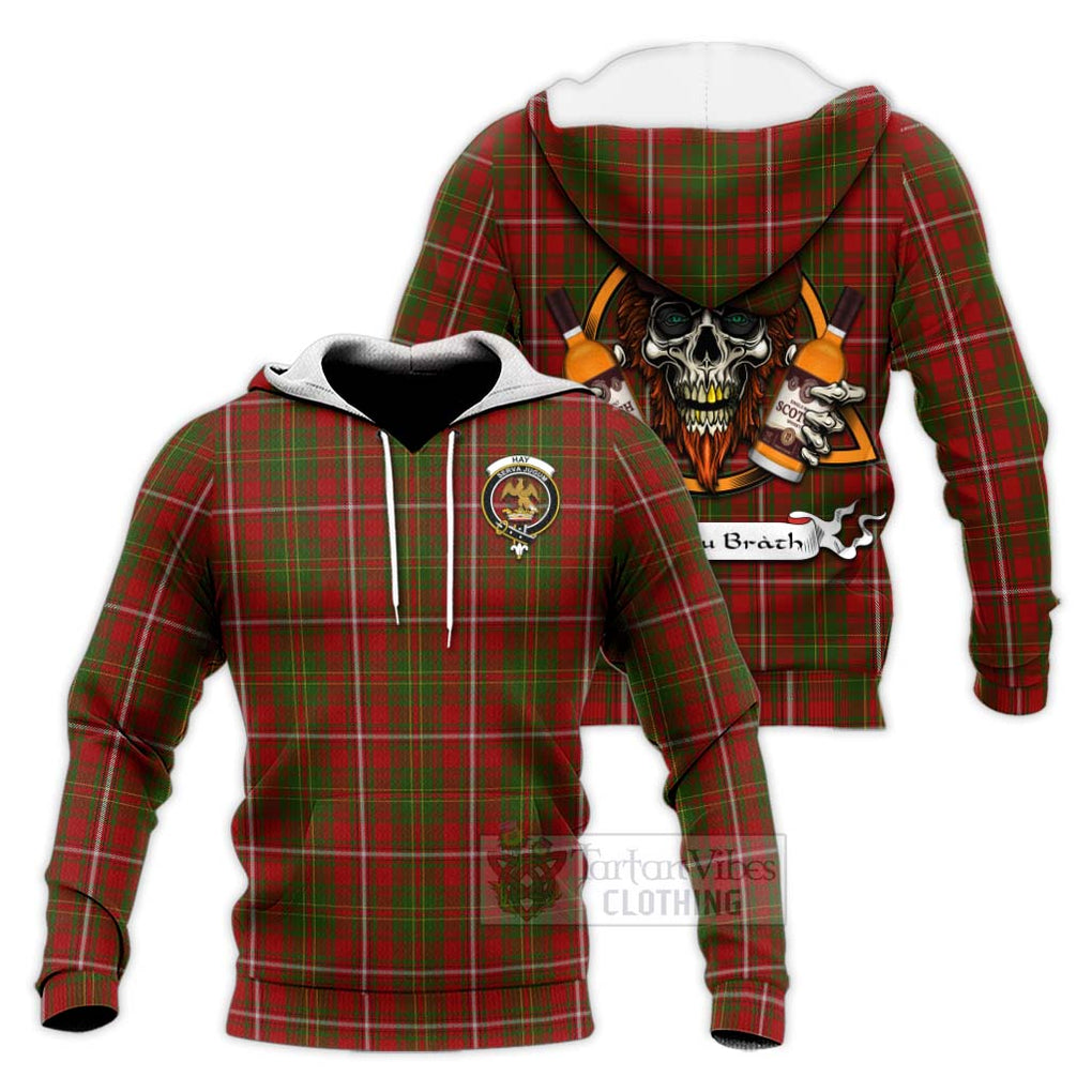 Tartan Vibes Clothing Hay Tartan Knitted Hoodie with Family Crest and Bearded Skull Holding Bottles of Whiskey