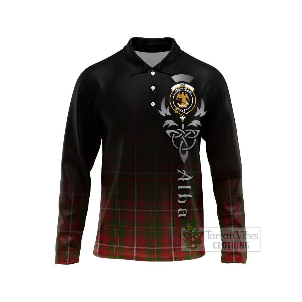 Tartan Vibes Clothing Hay Tartan Long Sleeve Polo Shirt Featuring Alba Gu Brath Family Crest Celtic Inspired