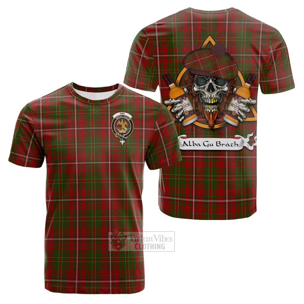 Tartan Vibes Clothing Hay Tartan Cotton T-shirt with Family Crest and Bearded Skull Holding Bottles of Whiskey