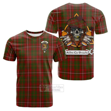 Hay Tartan Cotton T-shirt with Family Crest and Bearded Skull Holding Bottles of Whiskey