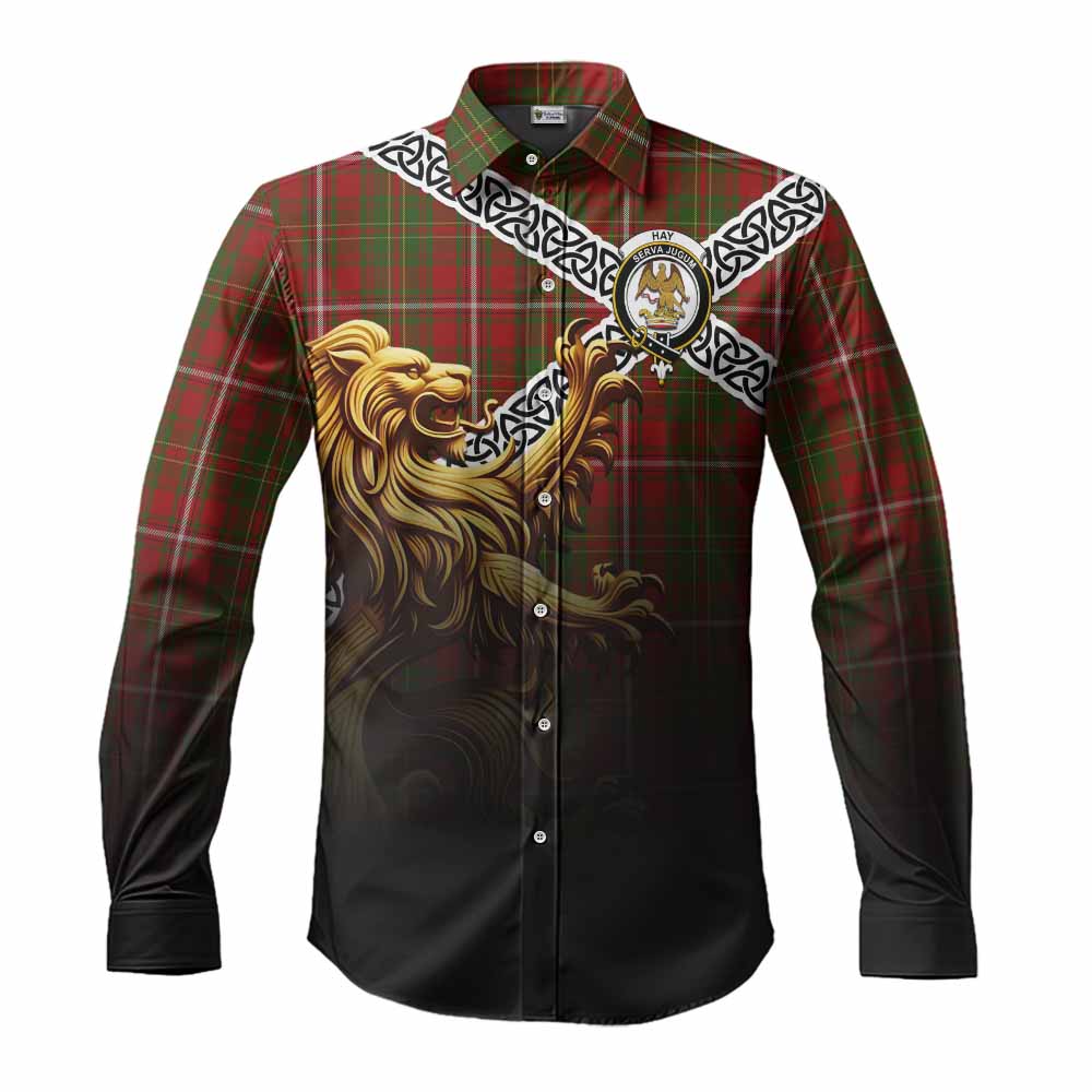 Hay Crest Tartan Long Sleeve Button Shirt with Golden Lion Emblem Celtic Style Men's Shirt S - Tartan Vibes Clothing