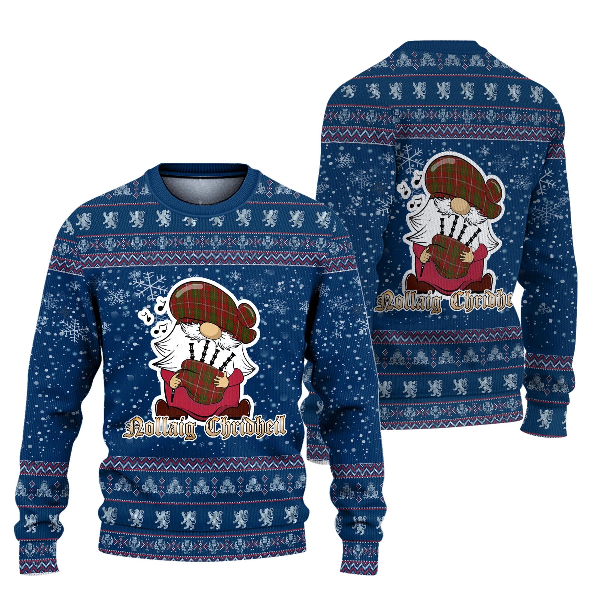 Hay Clan Christmas Family Knitted Sweater with Funny Gnome Playing Bagpipes Unisex Blue - Tartanvibesclothing