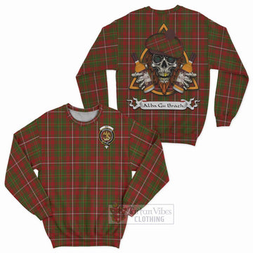 Hay Tartan Sweatshirt with Family Crest and Bearded Skull Holding Bottles of Whiskey