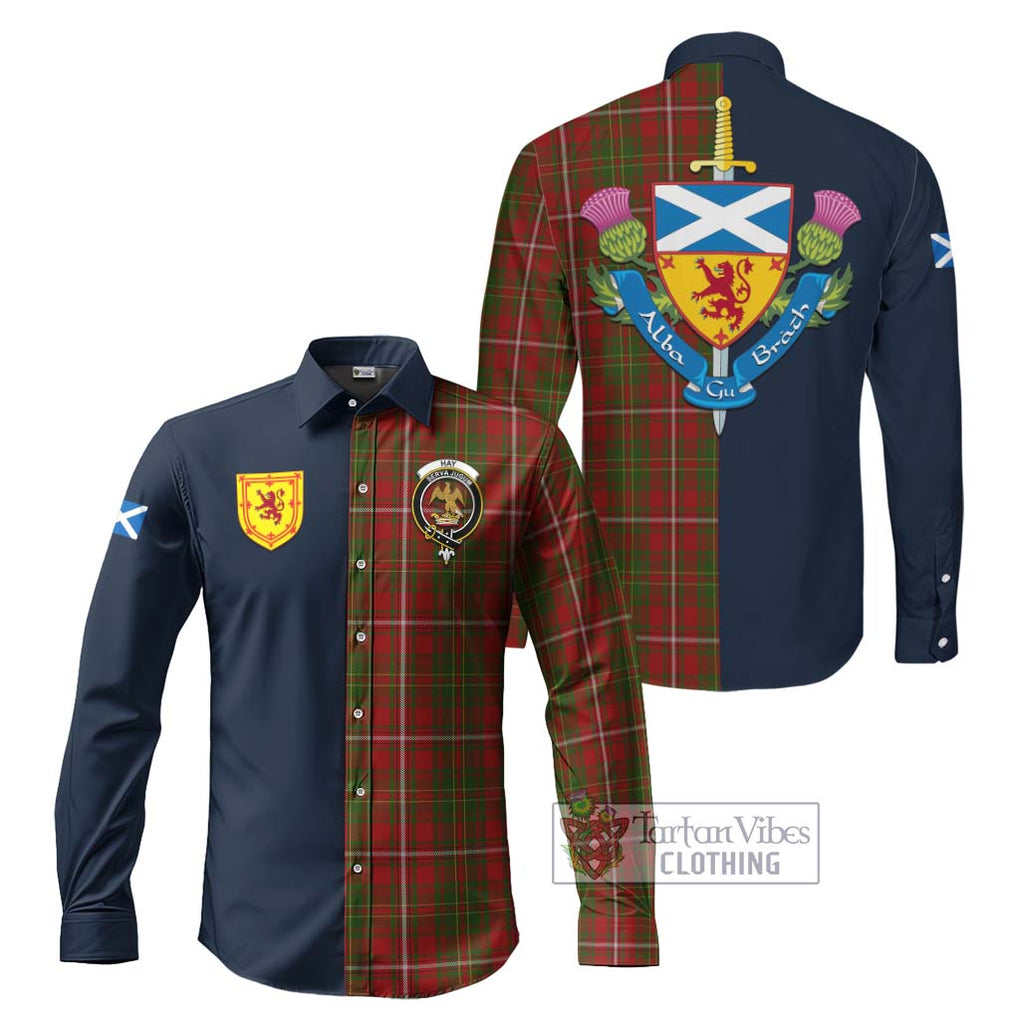 Tartan Vibes Clothing Hay Tartan Long Sleeve Button Shirt with Scottish Lion Royal Arm Half Style