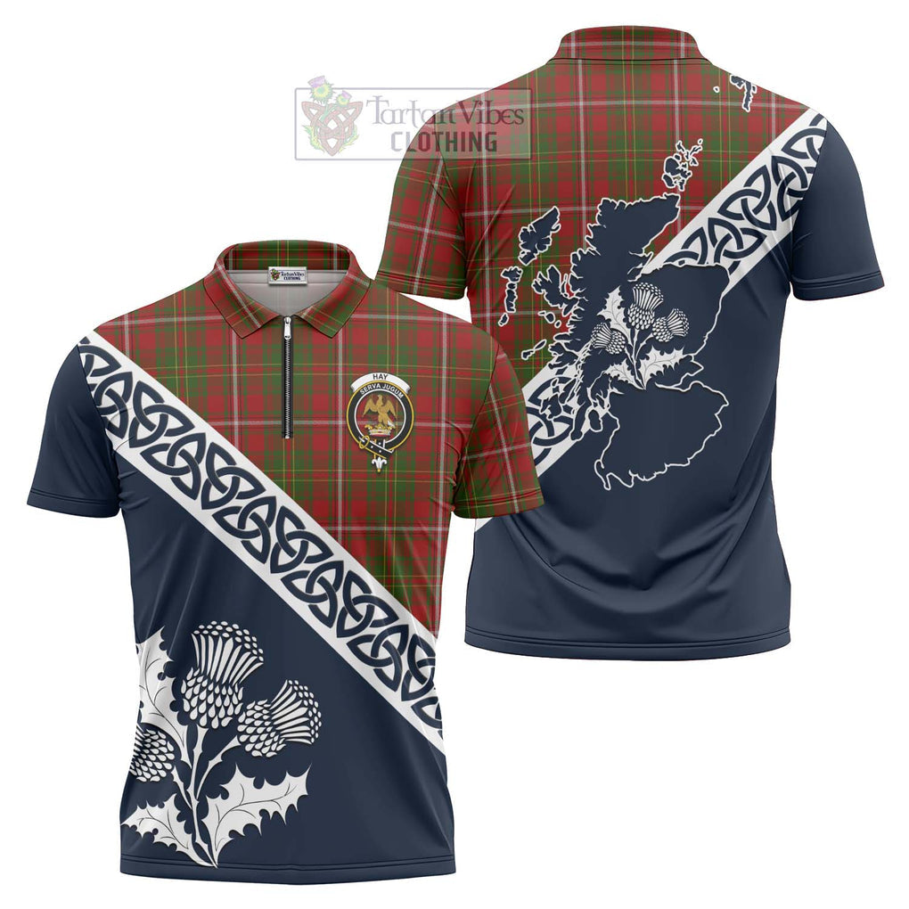 Hay Tartan Zipper Polo Shirt Featuring Thistle and Scotland Map Unisex - Tartanvibesclothing Store