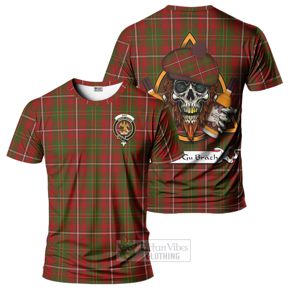 Tartan Vibes Clothing Hay Tartan T-Shirt with Family Crest and Bearded Skull Holding Bottles of Whiskey