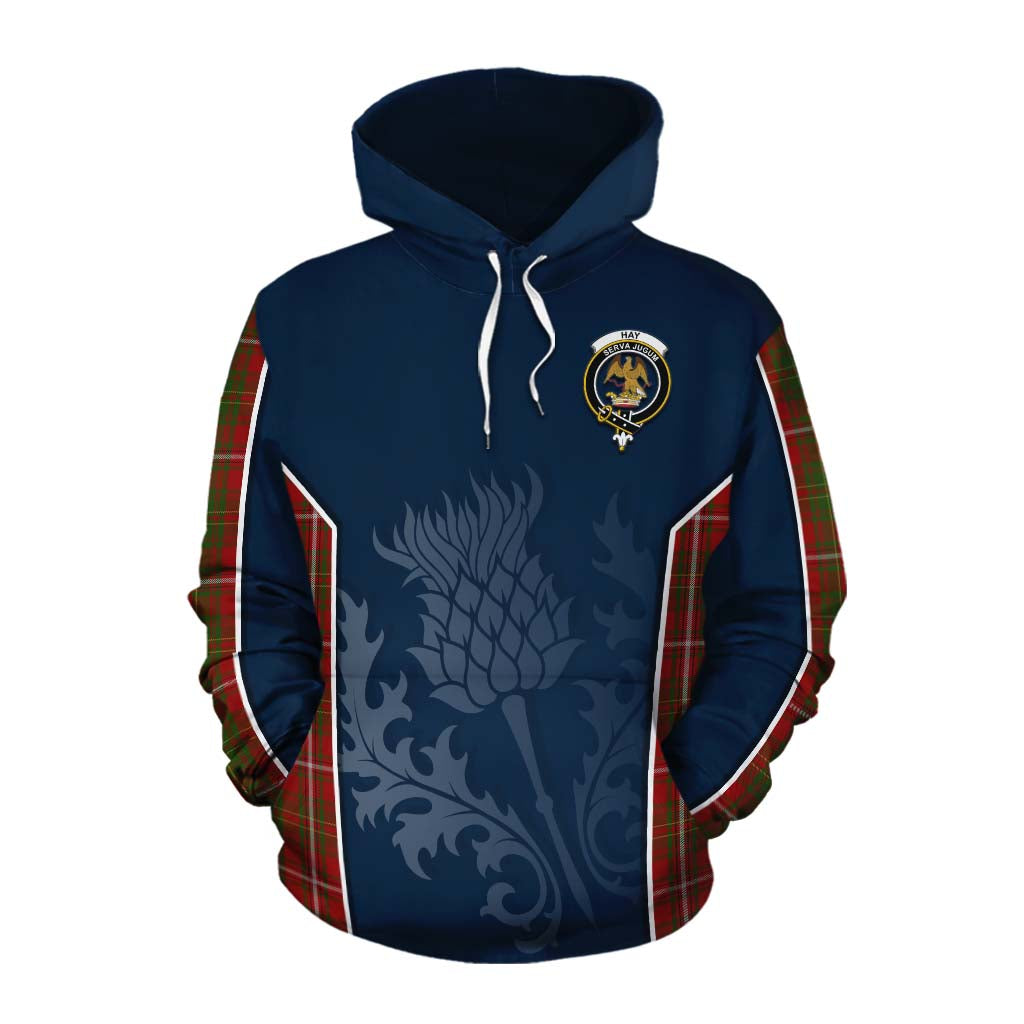 Tartan Vibes Clothing Hay Tartan Cotton Hoodie with Family Crest and Scottish Thistle Vibes Sport Style