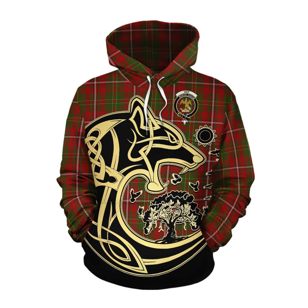 Tartan Vibes Clothing Hay Tartan Cotton Hoodie with Family Crest Celtic Wolf Style