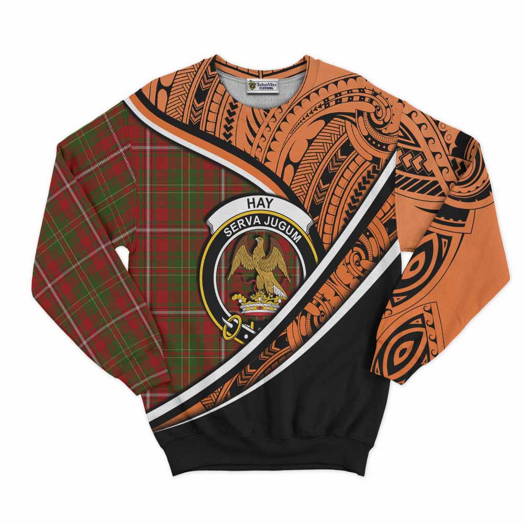 Tartan Vibes Clothing Hay Crest Tartan Sweatshirt with Maori Tattoo Style - Orange Version