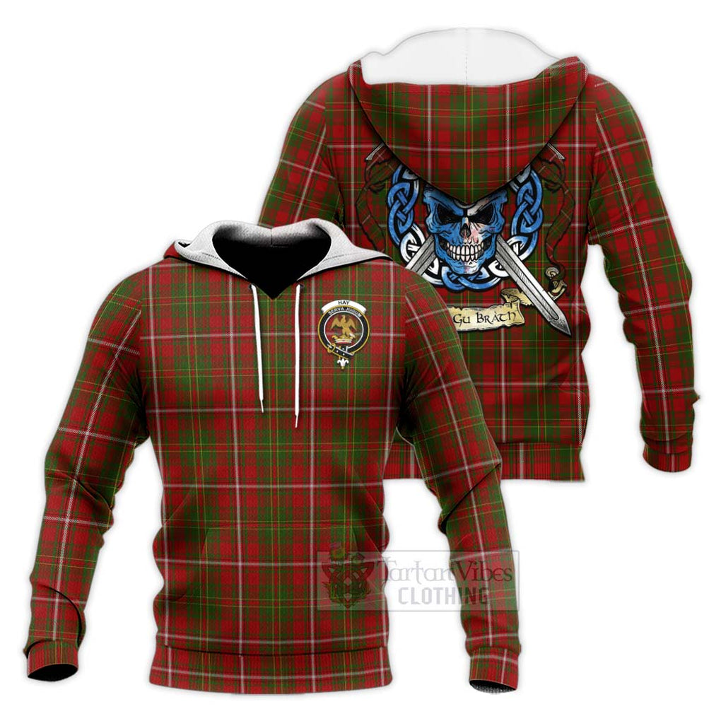 Tartan Vibes Clothing Hay Tartan Knitted Hoodie with Family Crest Celtic Skull Style