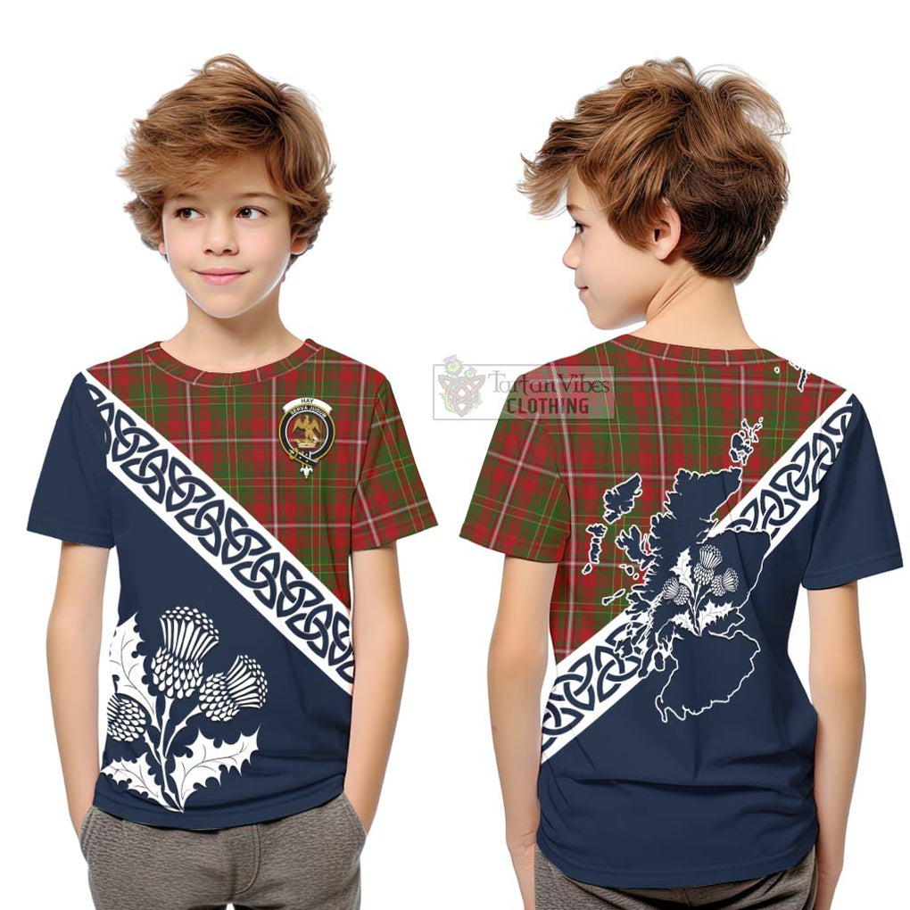 Tartan Vibes Clothing Hay Tartan Kid T-Shirt Featuring Thistle and Scotland Map