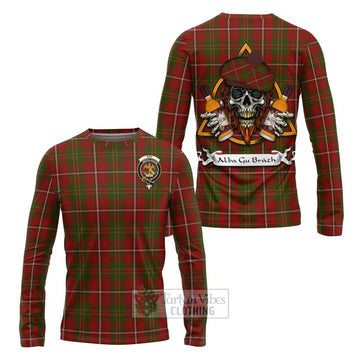 Hay Tartan Long Sleeve T-Shirt with Family Crest and Bearded Skull Holding Bottles of Whiskey