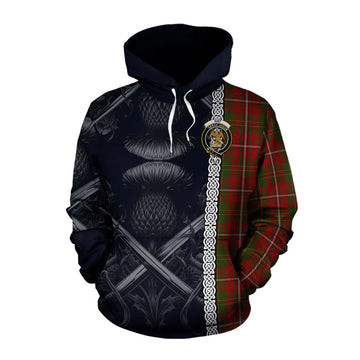 Hay Tartan Cotton Hoodie with Family Crest Cross Sword Thistle Celtic Vibes