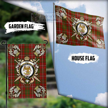 Hay Tartan Flag with Family Crest and Golden Thistle Crossed Sword Design