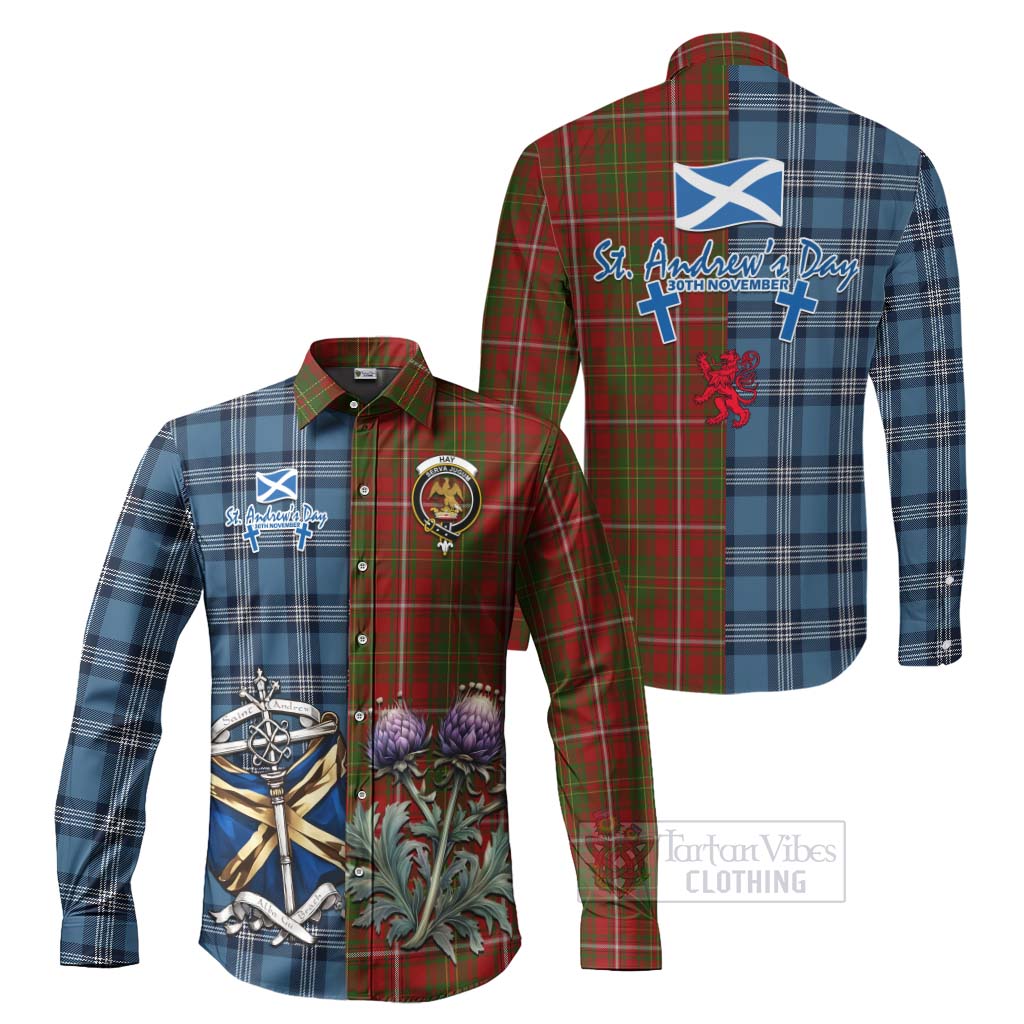 Tartan Vibes Clothing Hay Tartan Long Sleeve Button Shirt Happy St. Andrew's Day Half Tartan Style