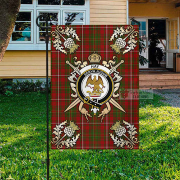 Hay Tartan Flag with Family Crest and Golden Thistle Crossed Sword Design