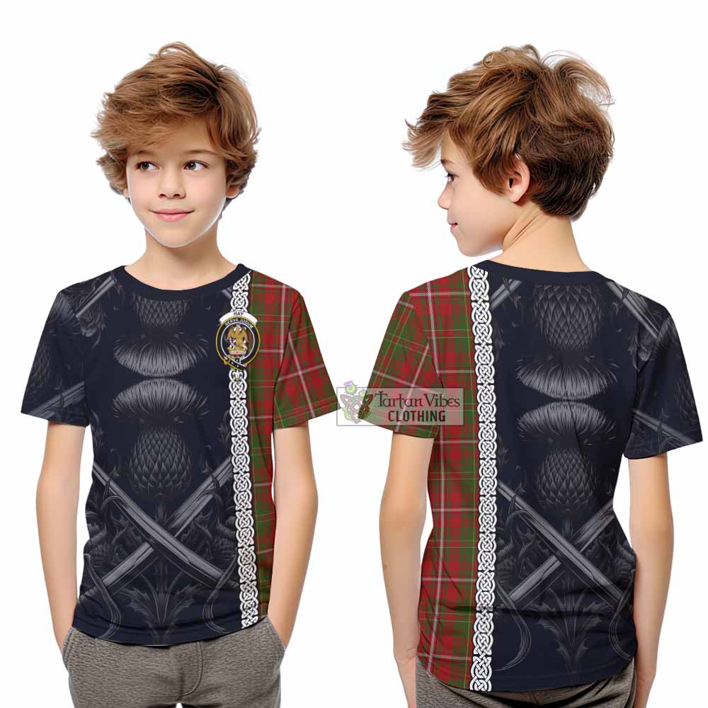 Hay Tartan Kid T-Shirt with Family Crest Cross Sword Thistle Celtic Vibes - Tartan Vibes Clothing