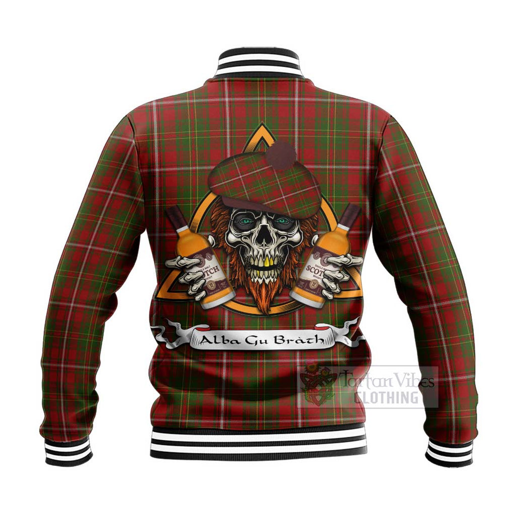 Tartan Vibes Clothing Hay Tartan Baseball Jacket with Family Crest and Bearded Skull Holding Bottles of Whiskey