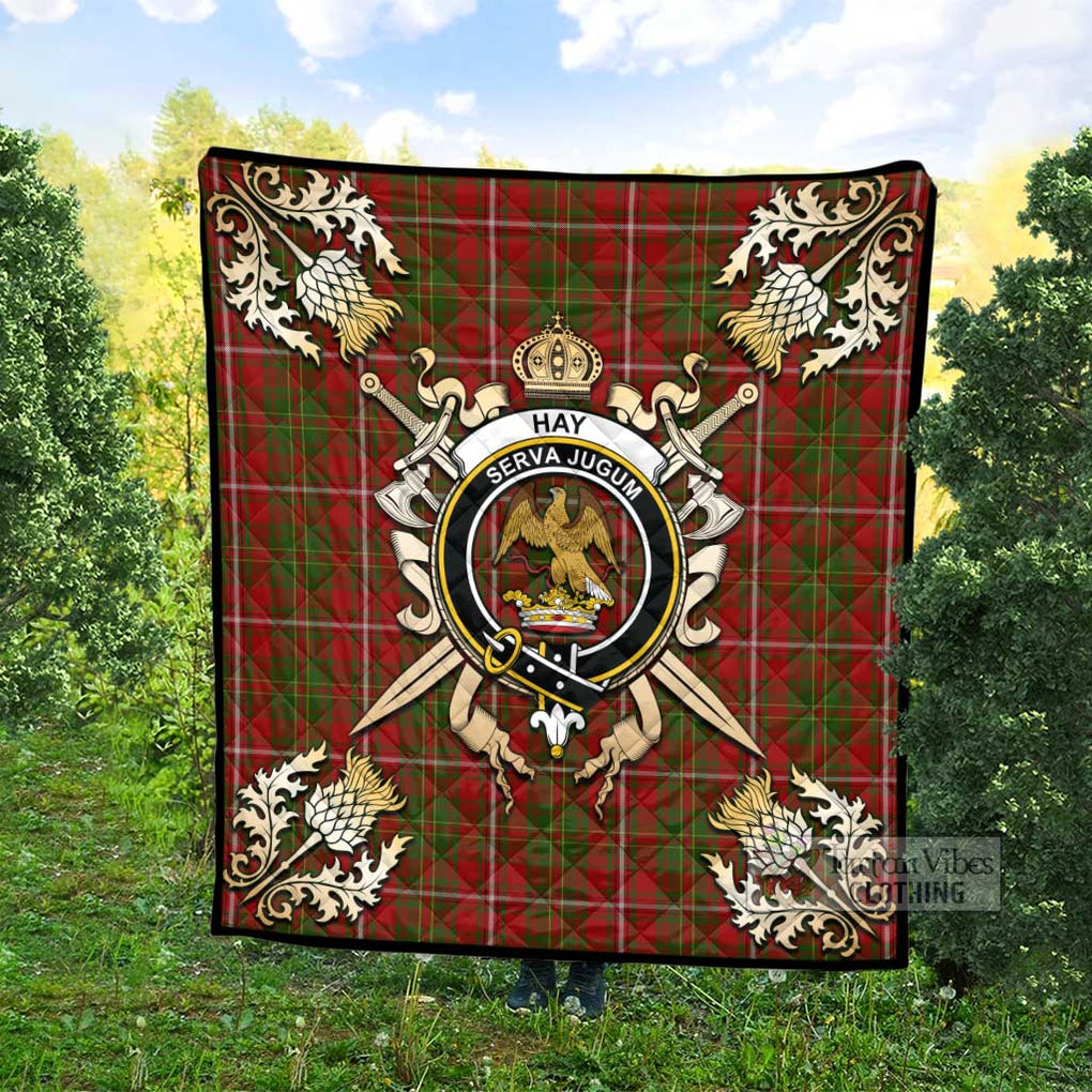 Tartan Vibes Clothing Hay Tartan Quilt with Family Crest and Scottish Golden Courage Shield