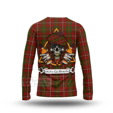 Hay Tartan Long Sleeve T-Shirt with Family Crest and Bearded Skull Holding Bottles of Whiskey