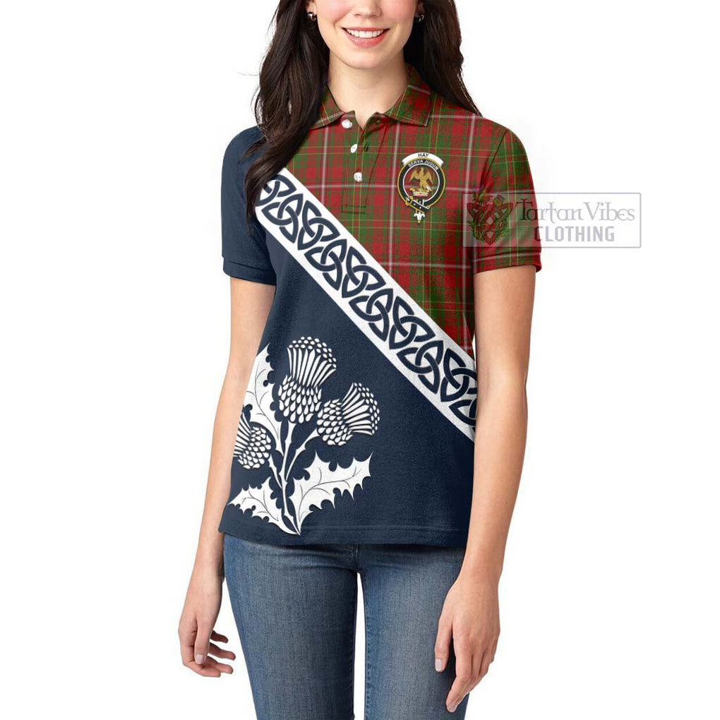 Hay Tartan Women's Polo Shirt Featuring Thistle and Scotland Map - Tartanvibesclothing Store