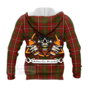 Hay Tartan Knitted Hoodie with Family Crest and Bearded Skull Holding Bottles of Whiskey