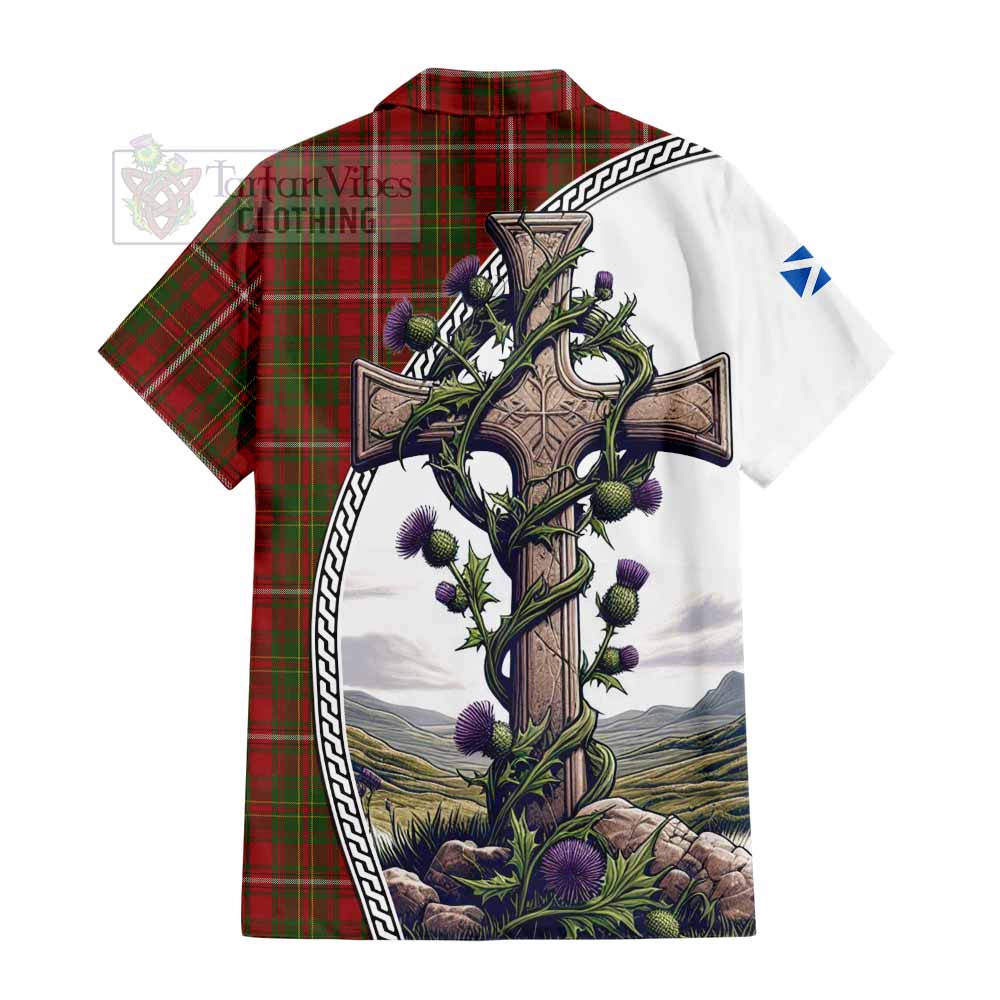 Tartan Vibes Clothing Hay Tartan Short Sleeve Button Shirt with Family Crest and St. Andrew's Cross Accented by Thistle Vines