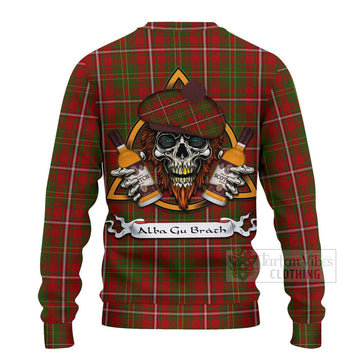 Hay Tartan Ugly Sweater with Family Crest and Bearded Skull Holding Bottles of Whiskey