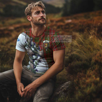 Hay Tartan T-Shirt with Family Crest and St. Andrew's Cross Accented by Thistle Vines