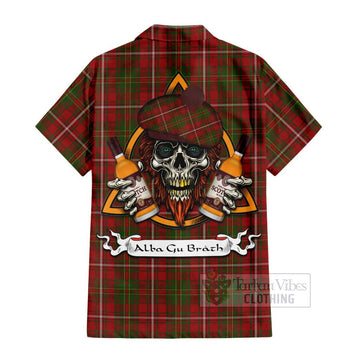 Hay Tartan Short Sleeve Button Shirt with Family Crest and Bearded Skull Holding Bottles of Whiskey