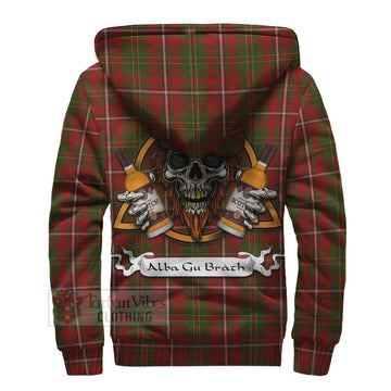 Hay Tartan Sherpa Hoodie with Family Crest and Bearded Skull Holding Bottles of Whiskey