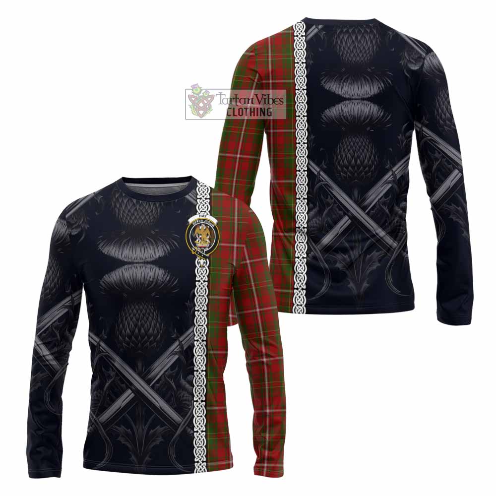 Tartan Vibes Clothing Hay Tartan Long Sleeve T-Shirt with Family Crest Cross Sword Thistle Celtic Vibes