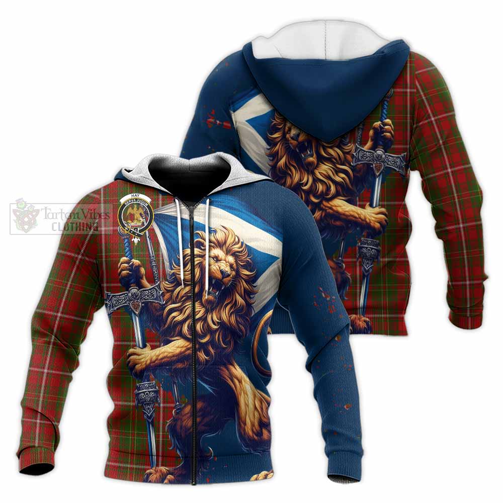 Tartan Vibes Clothing Hay Tartan Family Crest Knitted Hoodie with Scottish Majestic Lion