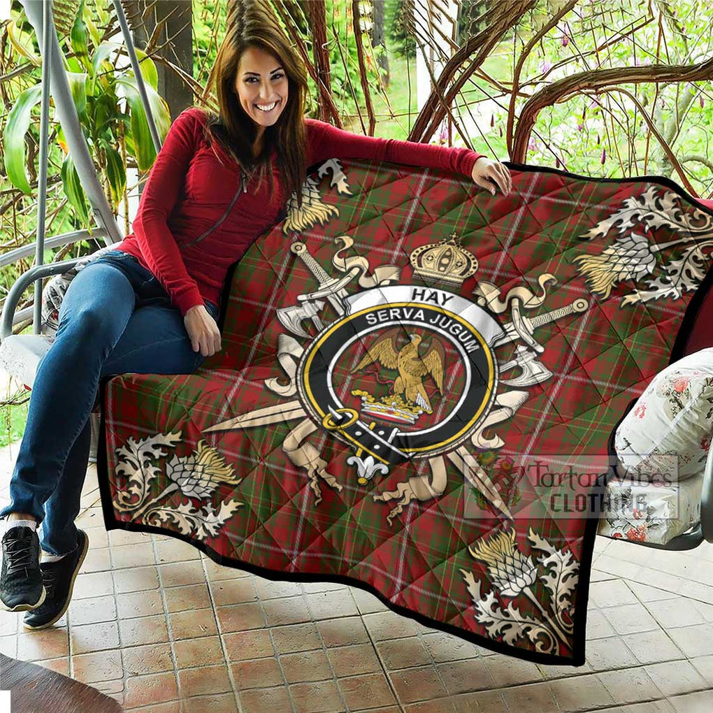 Tartan Vibes Clothing Hay Tartan Quilt with Family Crest and Scottish Golden Courage Shield