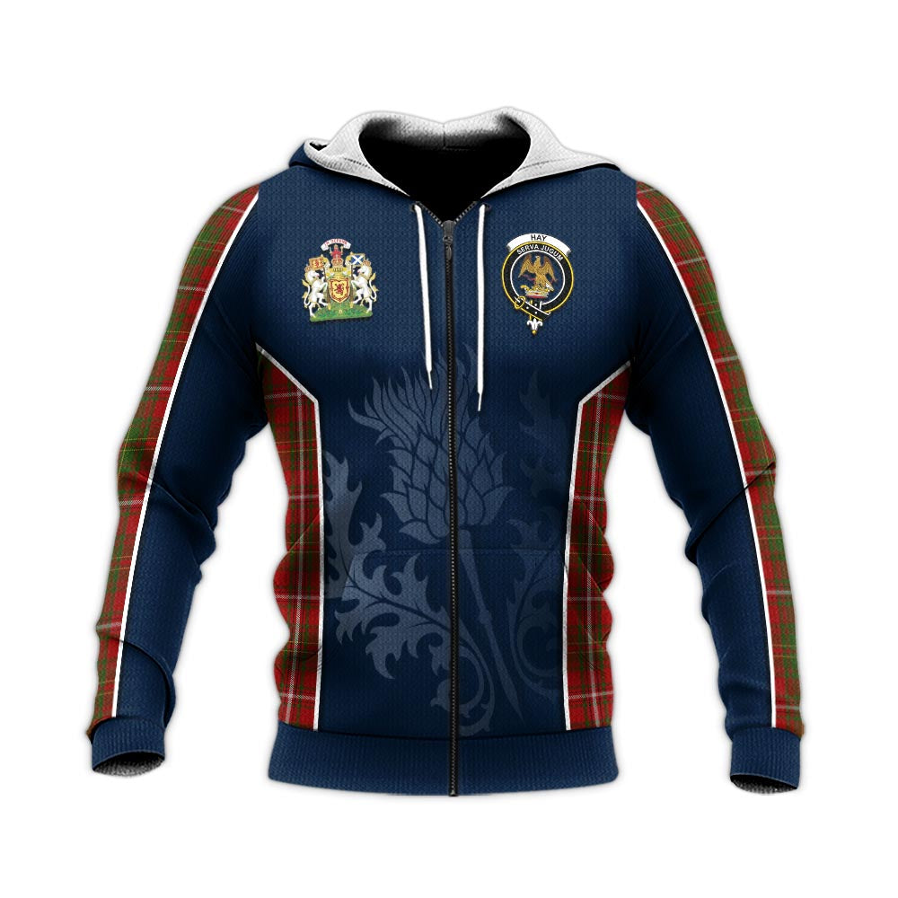 Tartan Vibes Clothing Hay Tartan Knitted Hoodie with Family Crest and Scottish Thistle Vibes Sport Style