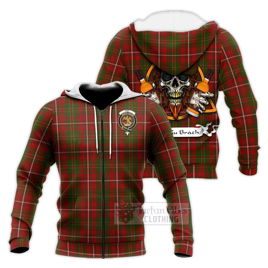 Tartan Vibes Clothing Hay Tartan Knitted Hoodie with Family Crest and Bearded Skull Holding Bottles of Whiskey