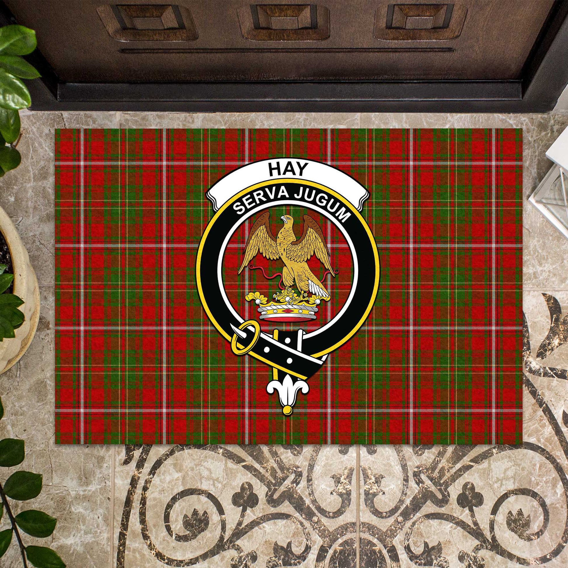 Hay Tartan Door Mat with Family Crest - Tartanvibesclothing