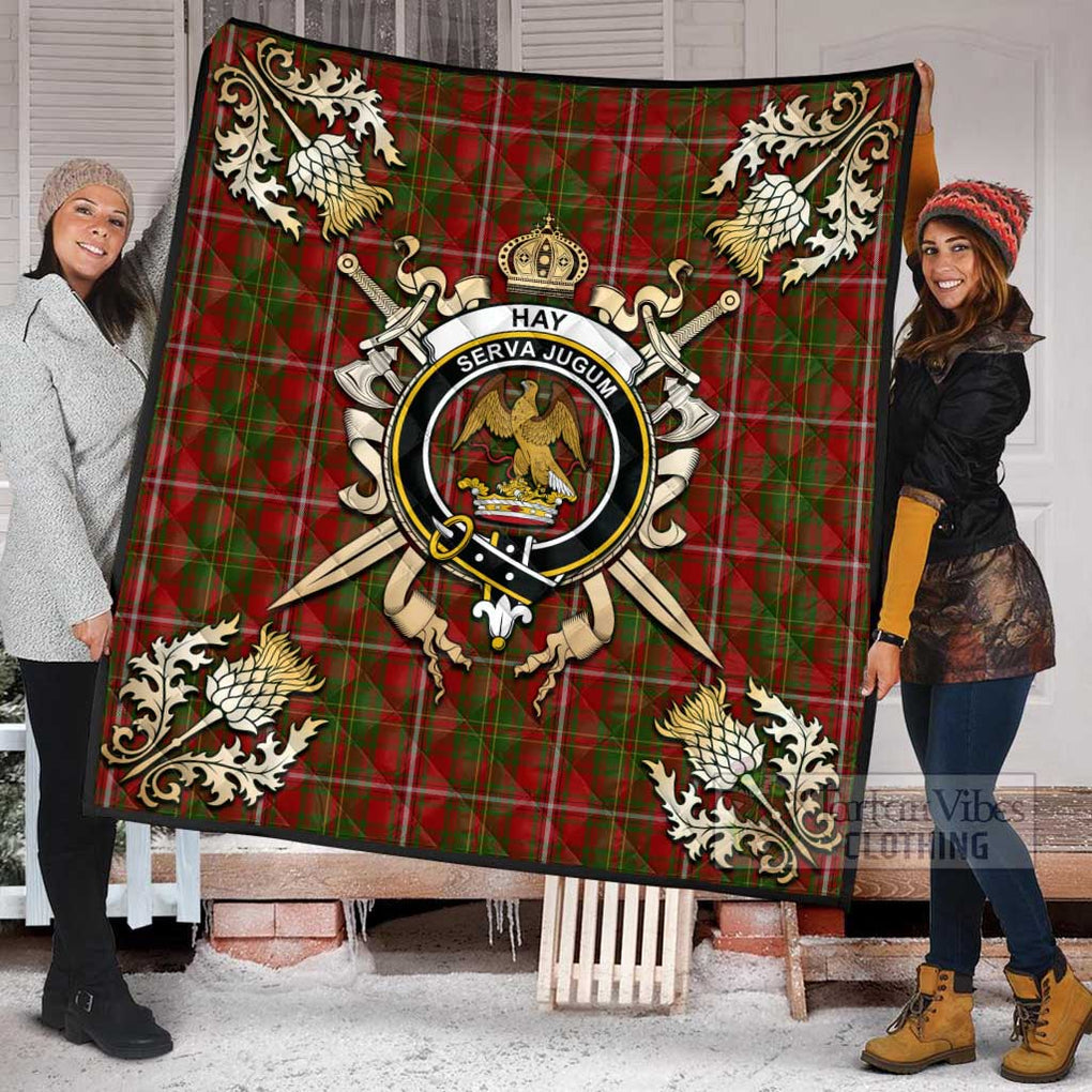 Tartan Vibes Clothing Hay Tartan Quilt with Family Crest and Scottish Golden Courage Shield