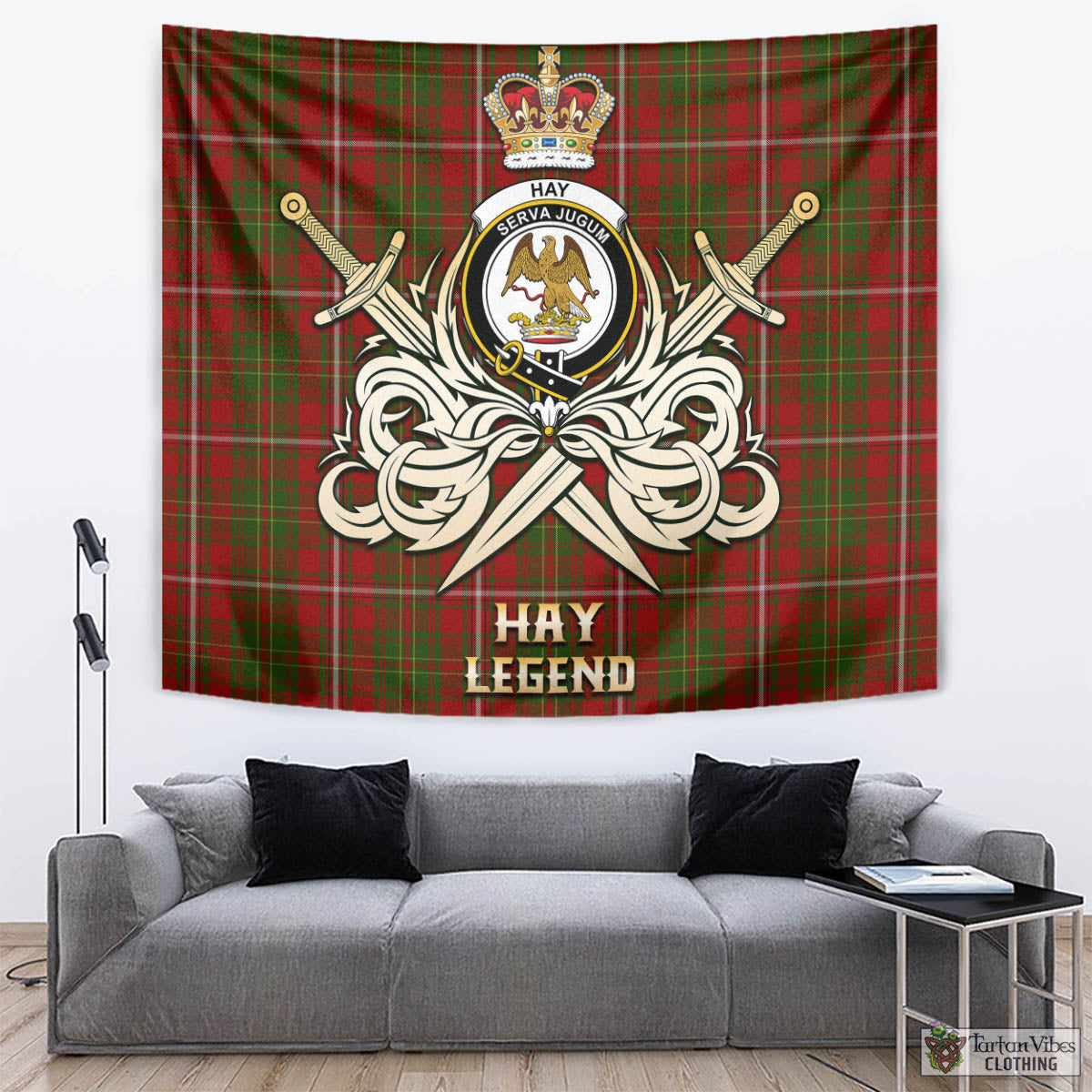 Tartan Vibes Clothing Hay Tartan Tapestry with Clan Crest and the Golden Sword of Courageous Legacy