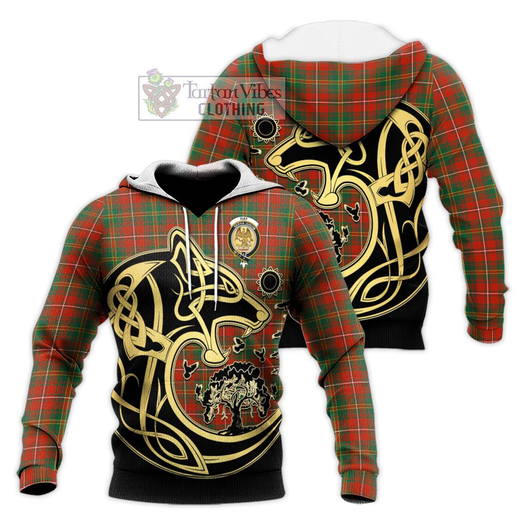 Hay Ancient Tartan Knitted Hoodie with Family Crest Celtic Wolf Style Unisex Knitted Pullover Hoodie - Tartan Vibes Clothing