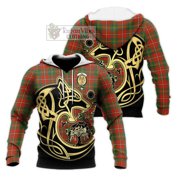 Hay Ancient Tartan Knitted Hoodie with Family Crest Celtic Wolf Style