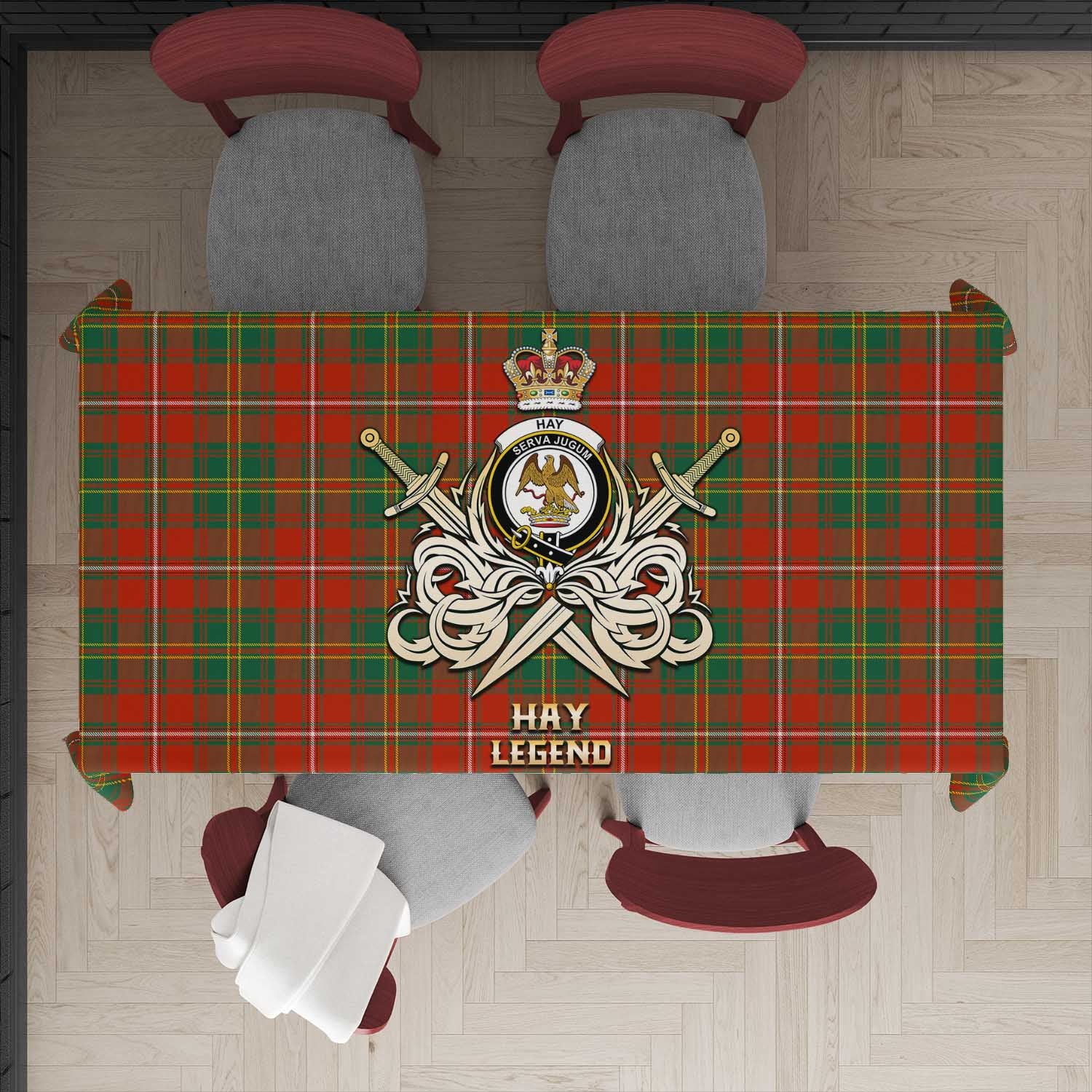 Tartan Vibes Clothing Hay Ancient Tartan Tablecloth with Clan Crest and the Golden Sword of Courageous Legacy