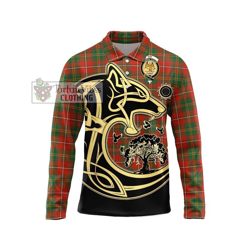 Hay Ancient Tartan Long Sleeve Polo Shirt with Family Crest Celtic Wolf Style Unisex - Tartanvibesclothing Shop