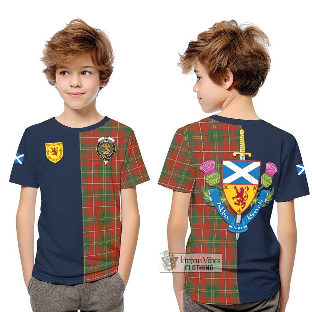 Tartan Vibes Clothing Hay Ancient Tartan Kid T-Shirt with Scottish Lion Royal Arm Half Style