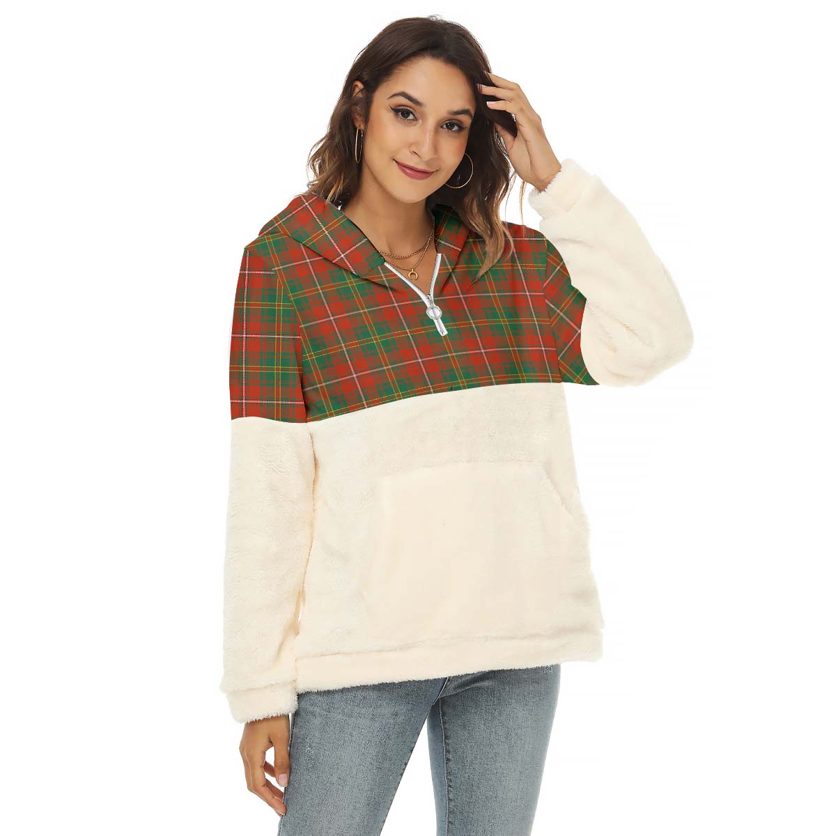 Hay Ancient Tartan Women's Borg Fleece Hoodie With Half Zip Female - Tartan Vibes Clothing