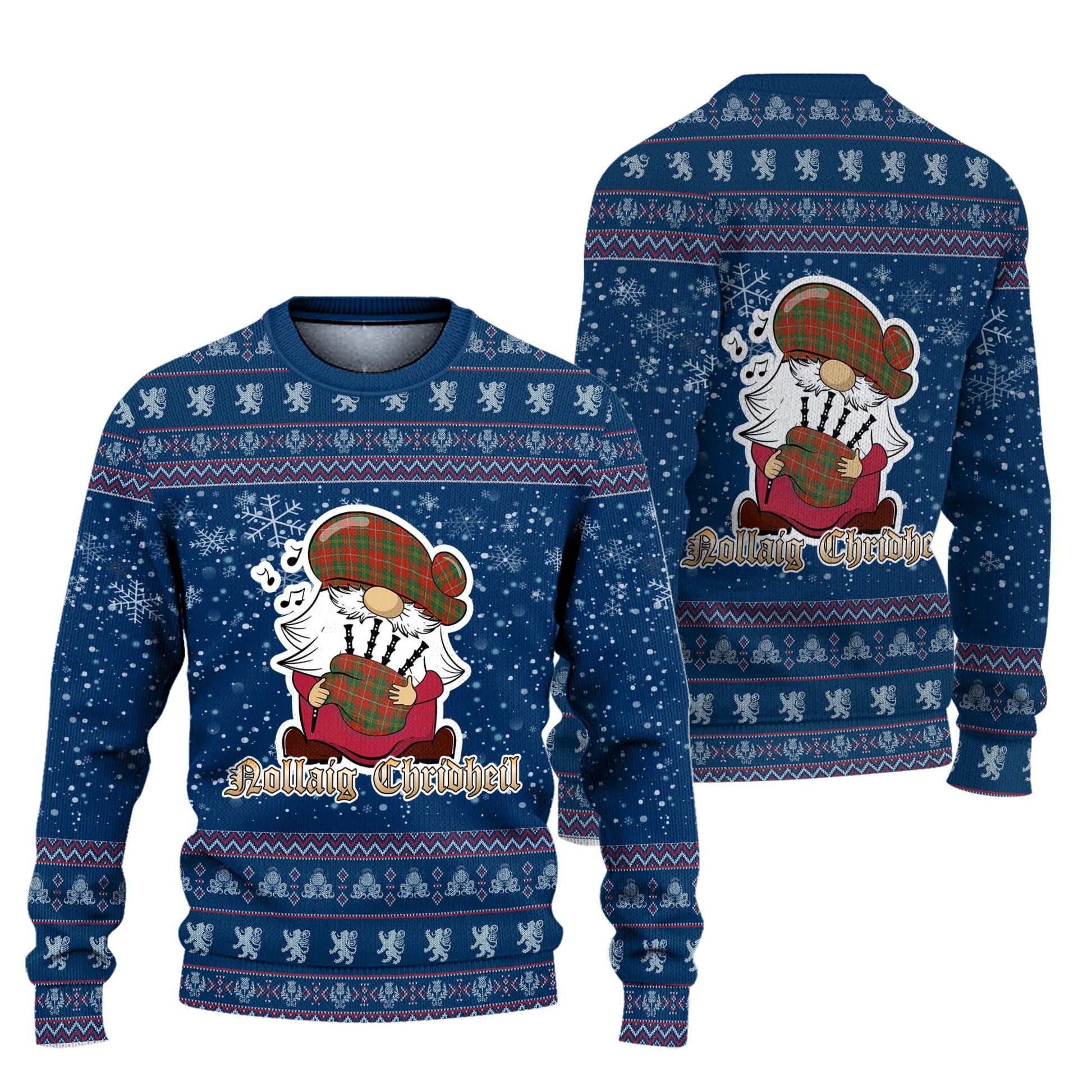 Hay Ancient Clan Christmas Family Knitted Sweater with Funny Gnome Playing Bagpipes Unisex Blue - Tartanvibesclothing