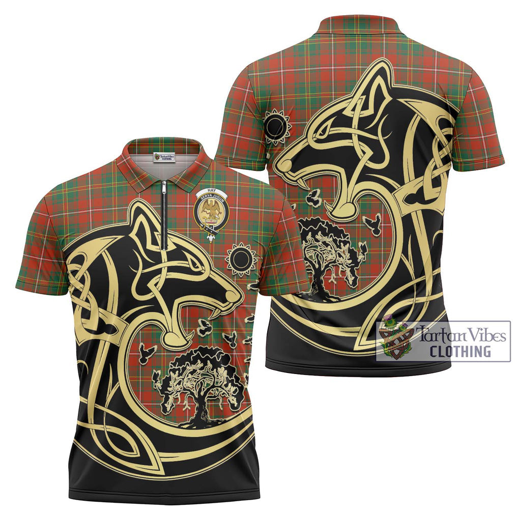 Hay Ancient Tartan Zipper Polo Shirt with Family Crest Celtic Wolf Style Unisex - Tartanvibesclothing Shop